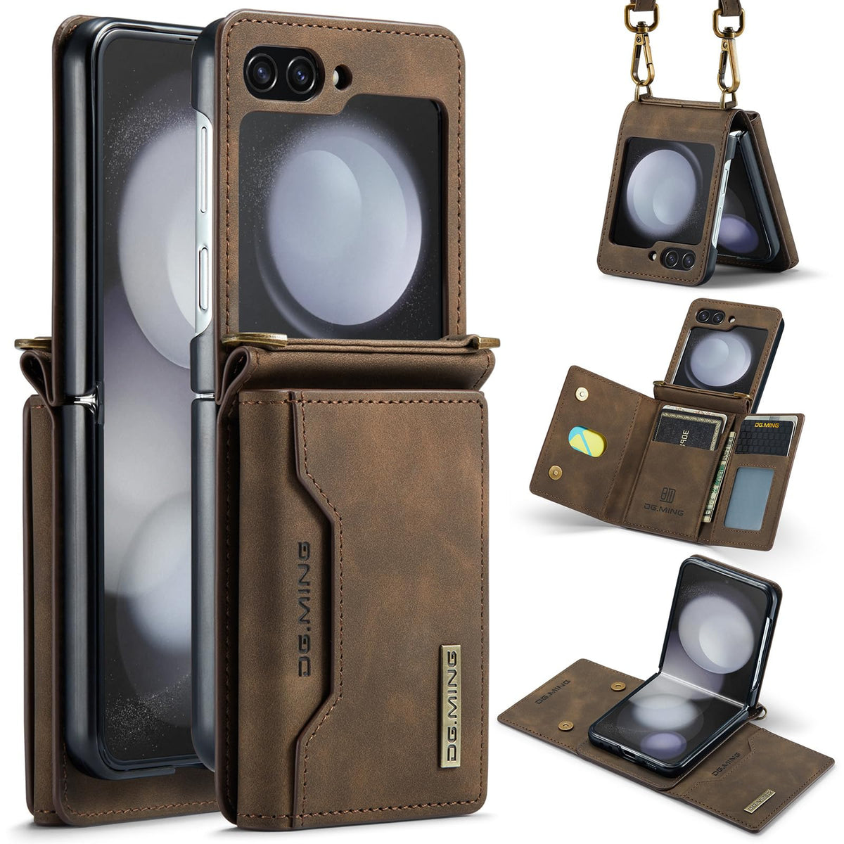 XIMAND for Samsung Galaxy Z Flip 6 Case with Crossbody Wallet, 8 Cards Slot and Premium Leather Kickstand Vintage Card Holder.(Coffee)