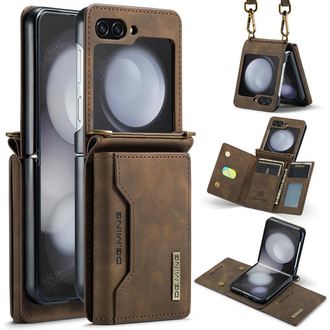 XIMAND for Samsung Galaxy Z Flip 6 Case with Crossbody Wallet, 8 Cards Slot and Premium Leather Kickstand Vintage Card Holder.(Coffee)