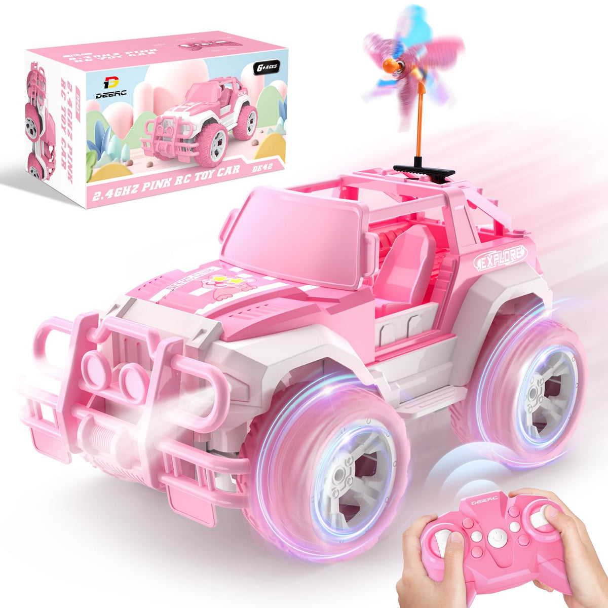 DEERC RC Cars with Windmill Hair Clips, 1:18 Scale Jeep Remote Control Car, 80 Min Playtime 2.4Ghz LED Light Off-Road Pink Monster RC Trucks with Auto Mode, Storage Case Toys Car Gifts for Girls Kids