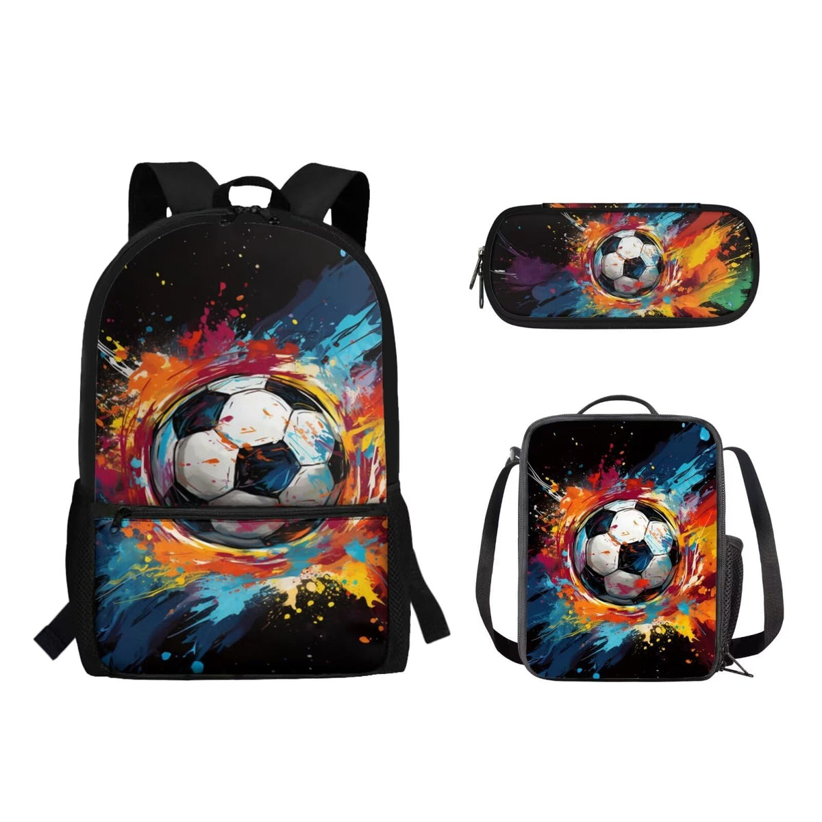 RMMRIYUE 3pcs Colorful Splash Soccer Print Kids Backpack Set with Lunch Box and Pencil Case Lightweight Football School Backpack for Boys Girls Elementary Bookbag for Teens Students
