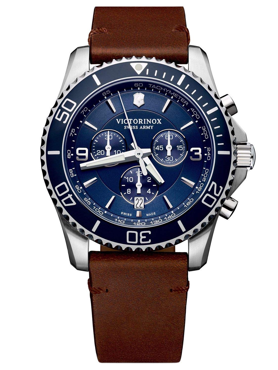 Victorinox Menâ€™s Watch Maverick Chronograph Ã˜ 43 mm, Swiss Made, Analogue Quartz, Water-Resistant up to 100 m, Leather Strap, Blue/Brown