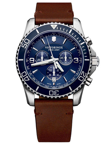 Victorinox Menâ€™s Watch Maverick Chronograph Ã˜ 43 mm, Swiss Made, Analogue Quartz, Water-Resistant up to 100 m, Leather Strap, Blue/Brown