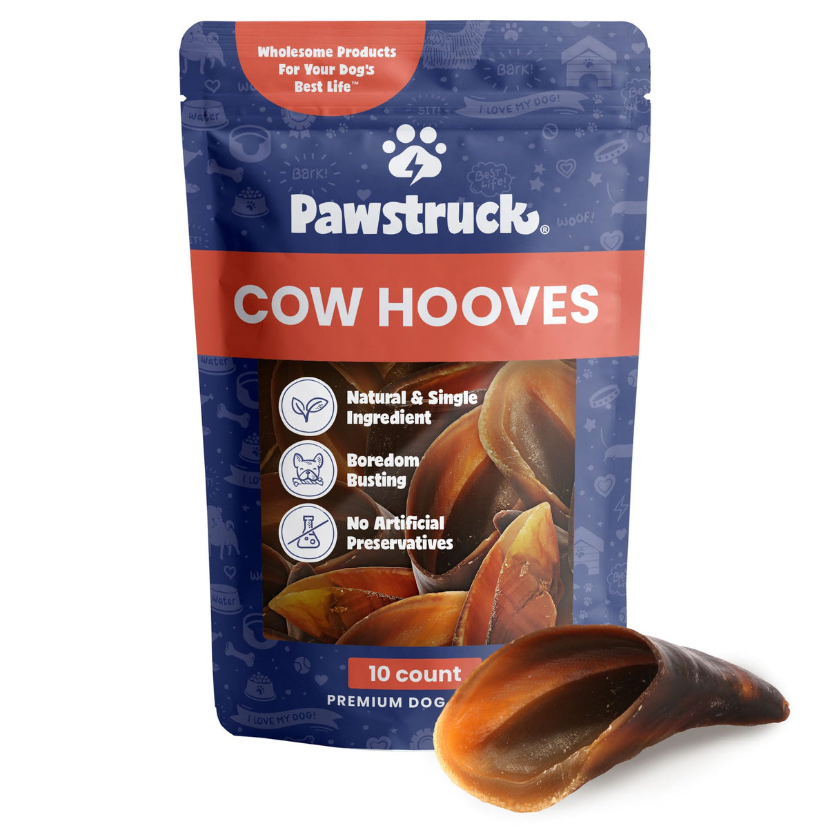 Pawstruck Natural Cow Hooves for Dogs - Made in The USA Long Lasting Beef Hoof Dental Treat Chews - No Artificial Preservatives - 10 Count - Packaging May Vary