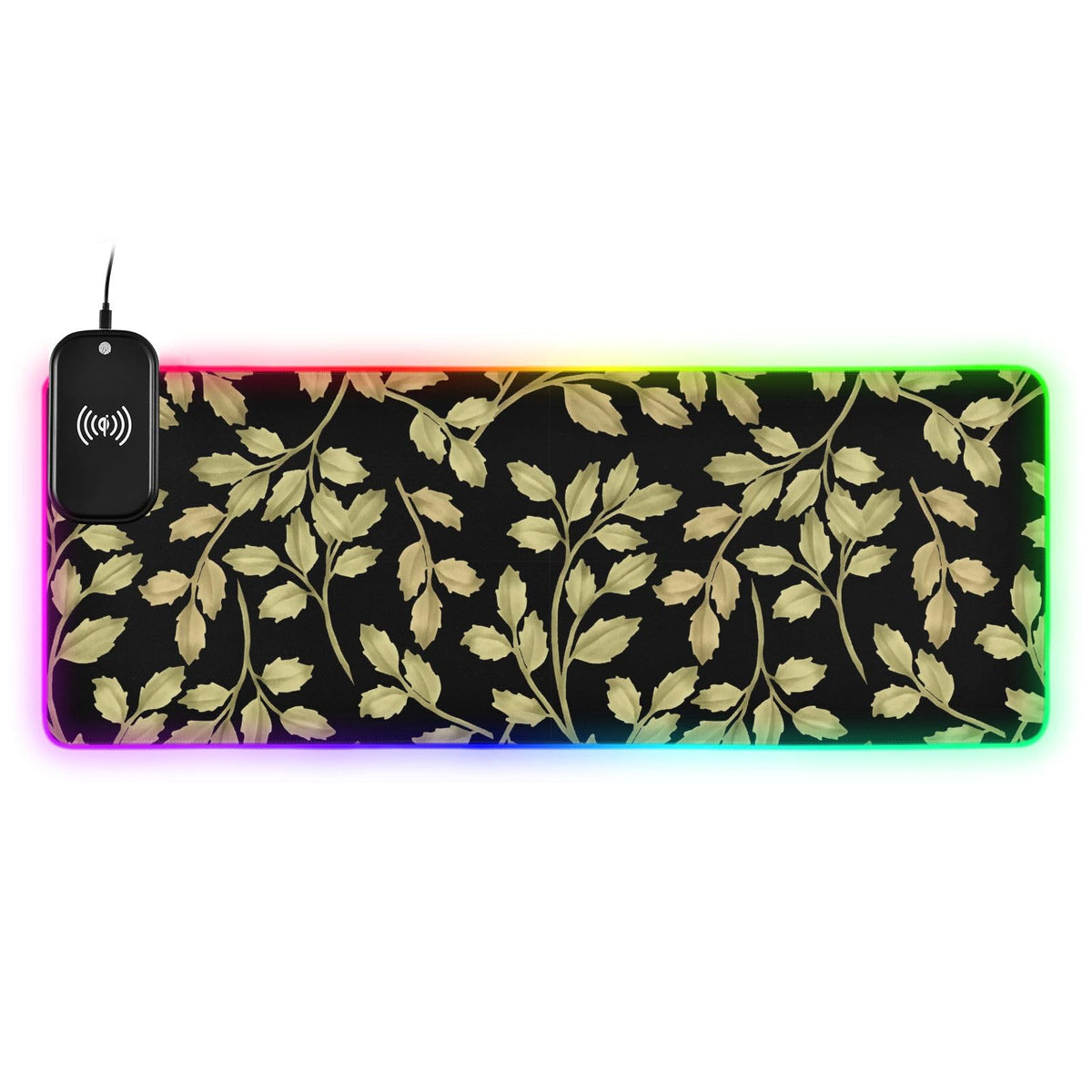 Floral Watercolor Gold Leaves Wireless Charging Mouse Pad for Mobile Phone Extra Large Gaming Mousepad with 13 Lighting Modes Extended Desk Mat for MacBook PC Laptop Desk Office Home Gaming