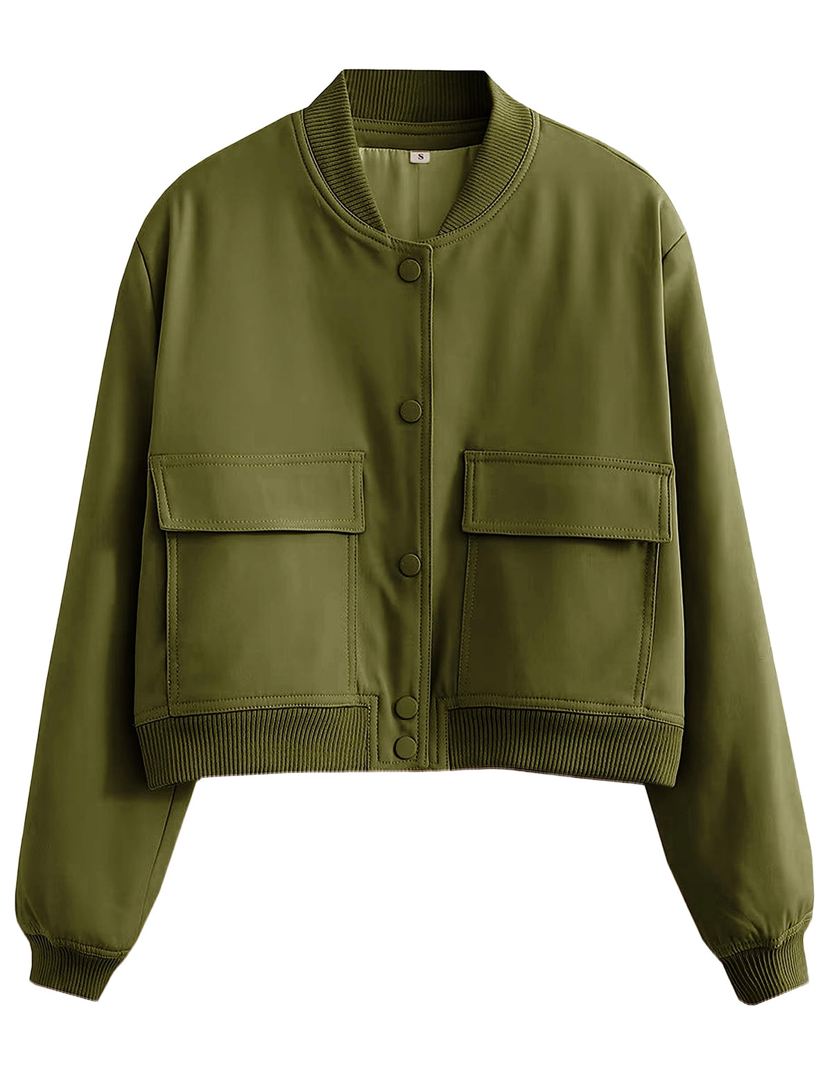 Faleave Women's Cropped Bomber Jacket Casual Street Button Down Varsity Jacket with Two Big Pockets(ArmyGreen-M)
