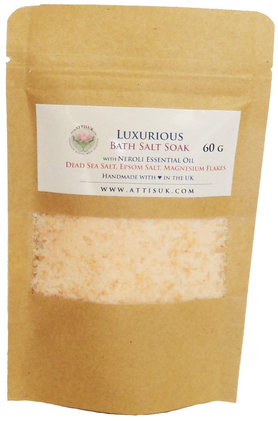 ATTIS Luxurious Bath Salt Soak with Neroli Essential Oil, Dead Sea Salt, Magnesium Flakes, Epsom Salt | Vegan | Hand made | Relaxing | Refreshing | Calming | Rejuvenating | (60g)
