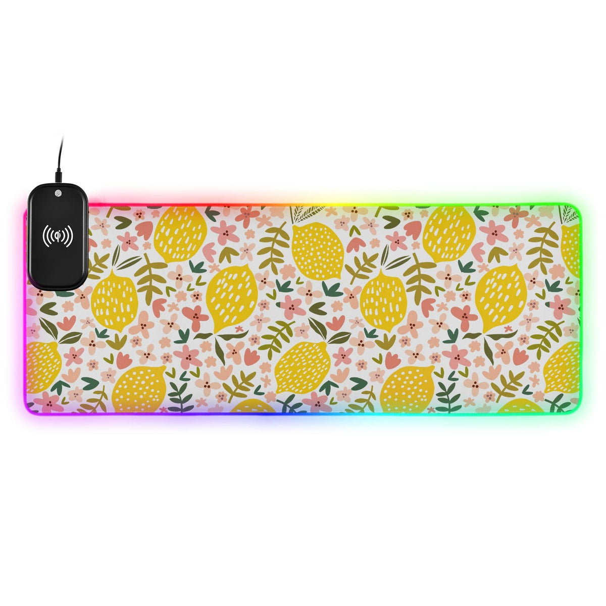 Flower Lemon Wireless Charging Mouse Pad for Mobile Phone Extra Large Gaming Mousepad with 13 Lighting Modes Extended Desk Mat for Office Home Gaming MacBook PC Laptop Desk