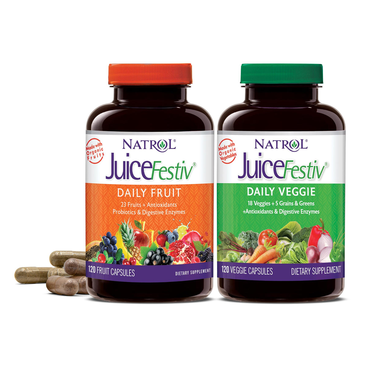 Natrol JuiceFestiv Daily Fruit & Veggie with SelenoExcell and Whole-Food [Phyto]Nutrients, Dietary Supplement Supports Better Nutrition (& Overall Well-Being), 120 Capsules (Pack of 2), 60 Day Supply