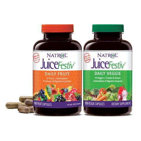 Natrol JuiceFestiv Daily Fruit & Veggie with SelenoExcell and Whole-Food [Phyto]Nutrients, Dietary Supplement Supports Better Nutrition (& Overall Well-Being), 120 Capsules (Pack of 2), 60 Day Supply