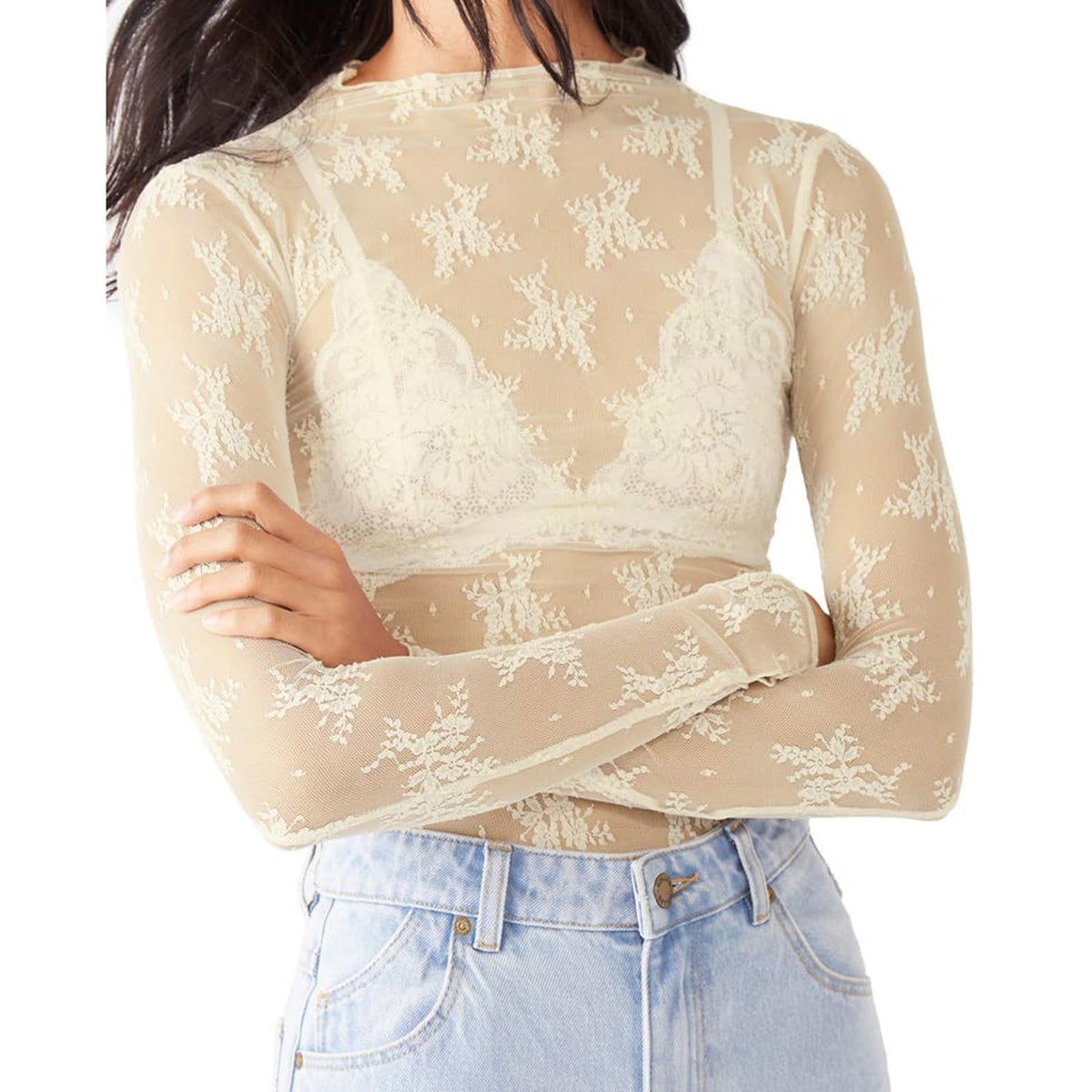 Sheer Mesh Long Sleeve Layering Top for Women Mock Neck Floral Lace Tshirt See Through Tee Shirt Blouse(Flower Beige,X-Large