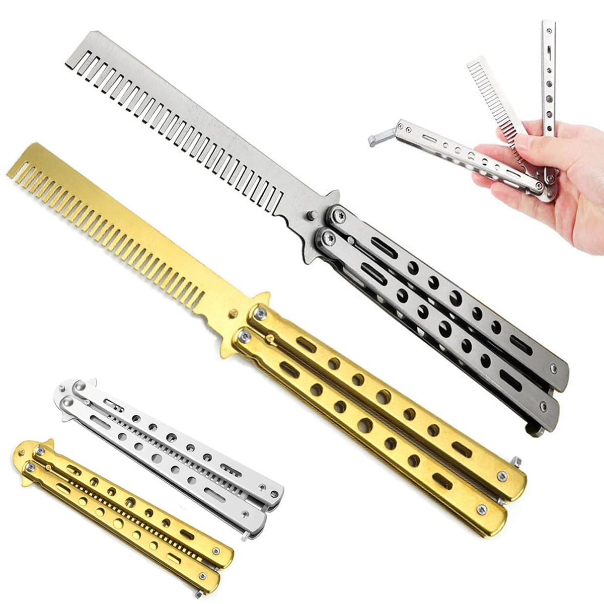 Butterfly Comb, 2 PCS Butterfly Comb Stainless Steel Foldable,Training Comb, Foldable Pocket Comb, Folding Comb, Hair Styling Accessories Butterfly Comb Beginner, Hair Comb for Hair(White/Gold)
