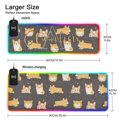 Corgi Cute Dogs Custom Wireless Charging Mouse Pad for Mobile Phone Personalized Extra Large Gaming Mousepad with 13 Lighting Modes Mouse Mat for Office Home Gaming MacBook PC Laptop Desk