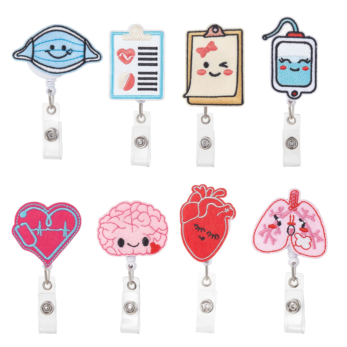 AMIJOUX 8 Pieces Felt Retractable Nurse Badge Reels, Brain Heart Lung ID Name Cards Nurse Badge Holders, Hospital Badge Reel Work Accessories for Office School Students