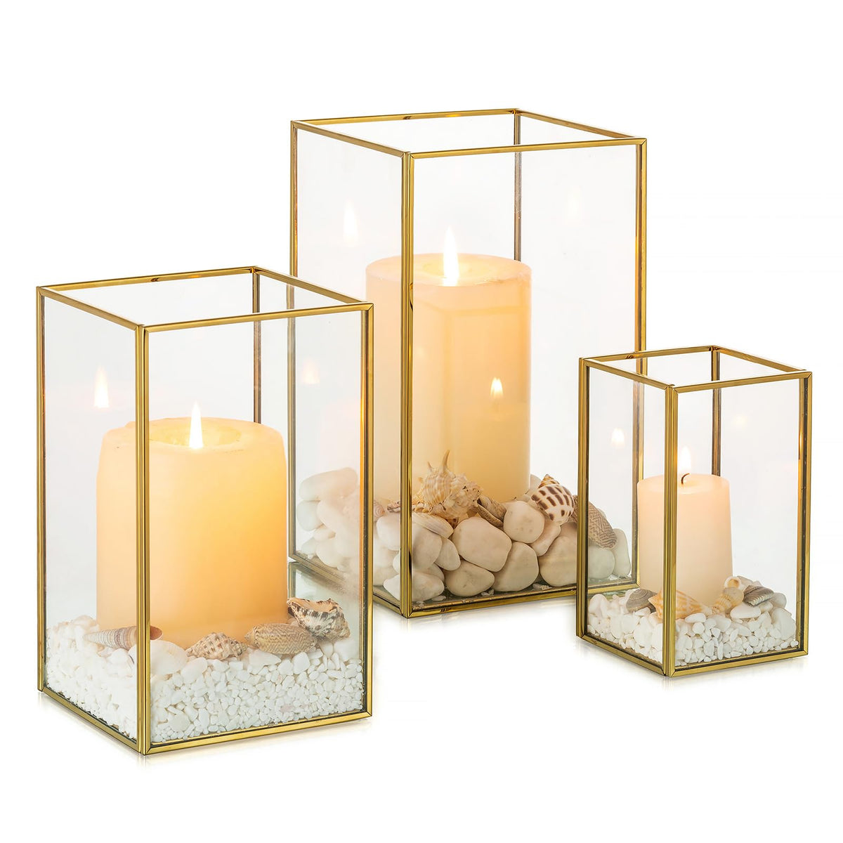 Nuptio Hurricane Glass Candle Holders: 3Pcs Gold Lanterns Candle Holder for Pillar Candles Geometric Table Centerpiece for & Wedding Christmas Holiday Party Decor 8.1 & 6.5 & 4.7 inch, (B0CBV8LGH1)