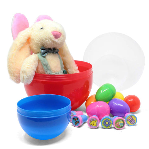 JOYIN Prefilled Jumbo Easter Egg Toy Set with Easter Plush Bunny, Bunny Ear Headband, 6 Easter Stampers and Different Sizes of Easter Eggs for Kids Easter Egg Hunt Filler Stuffer, Easter Party Favor