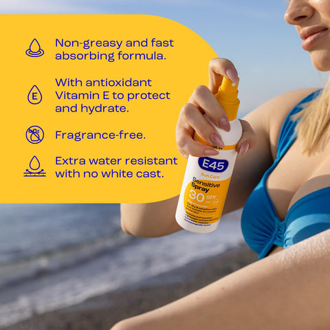 E45 Sun Body Cream Spray for Sensitive Skin - Hydrating Sun Spray with very high UVA and UVB protection and SPF 30 - Instantly Moisturising for Dry Skin, Sensitive Skin and Eczema Prone Skin - 180 ml