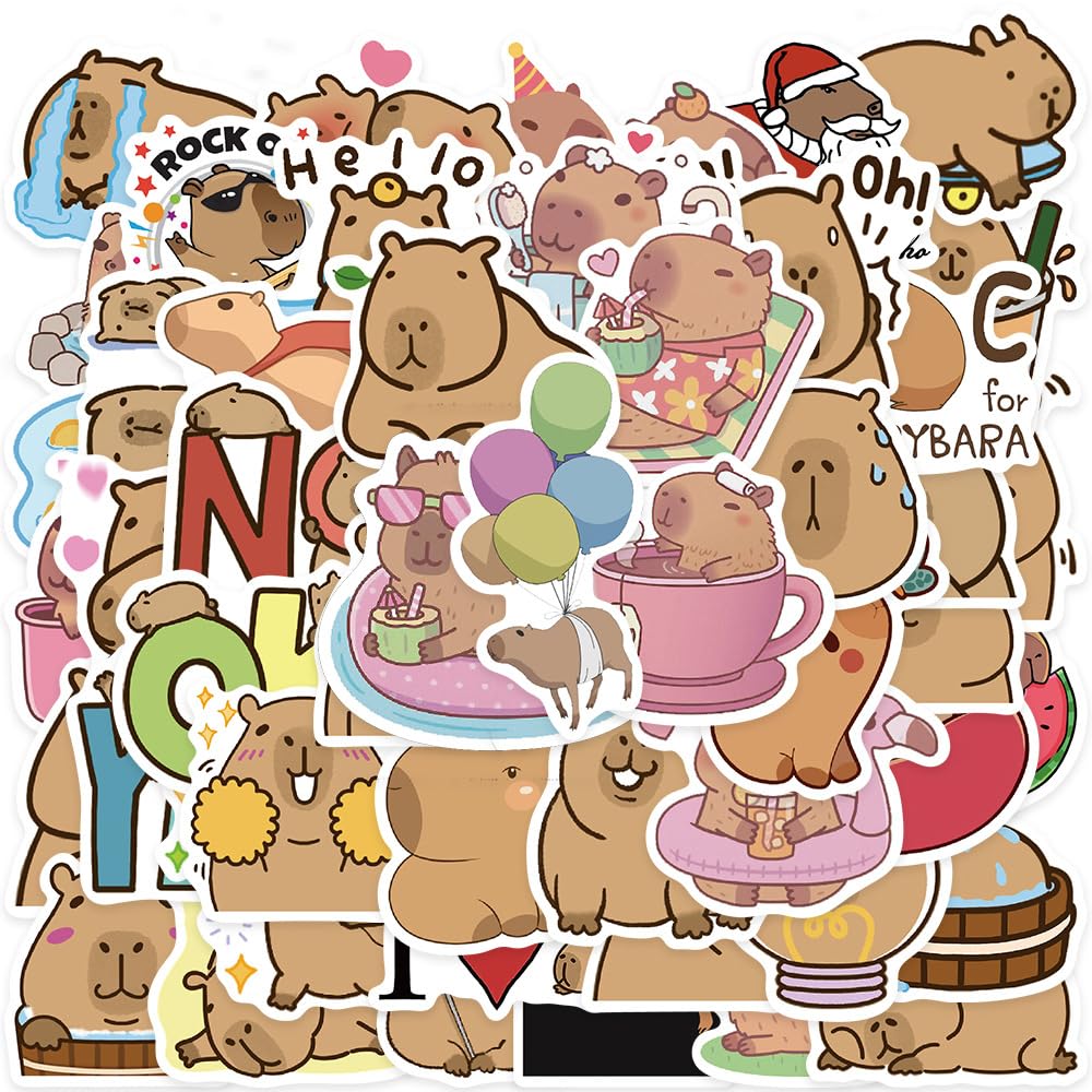 Capybara Stickers for Water Bottle Laptop Luggage Car Decals, 50 PCS Cute Capybara Stickers Kawaii Animal Stickers Vinyl Waterproof Rodent Lover Decals for Birthday Gifts (Style-1)
