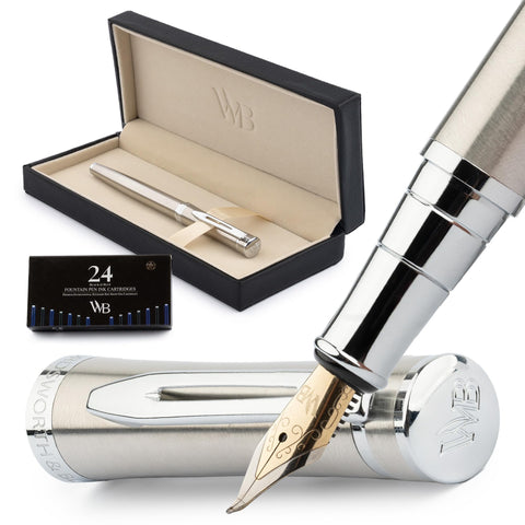 Wordsworth & Black Fountain Pen Set, Bent Nib, Includes 24 Pack Ink Cartridges, Ink Refill Converter & Gift Box, Chrome Finish, Calligraphy, [Silver Chrome], Perfect for Men & Women
