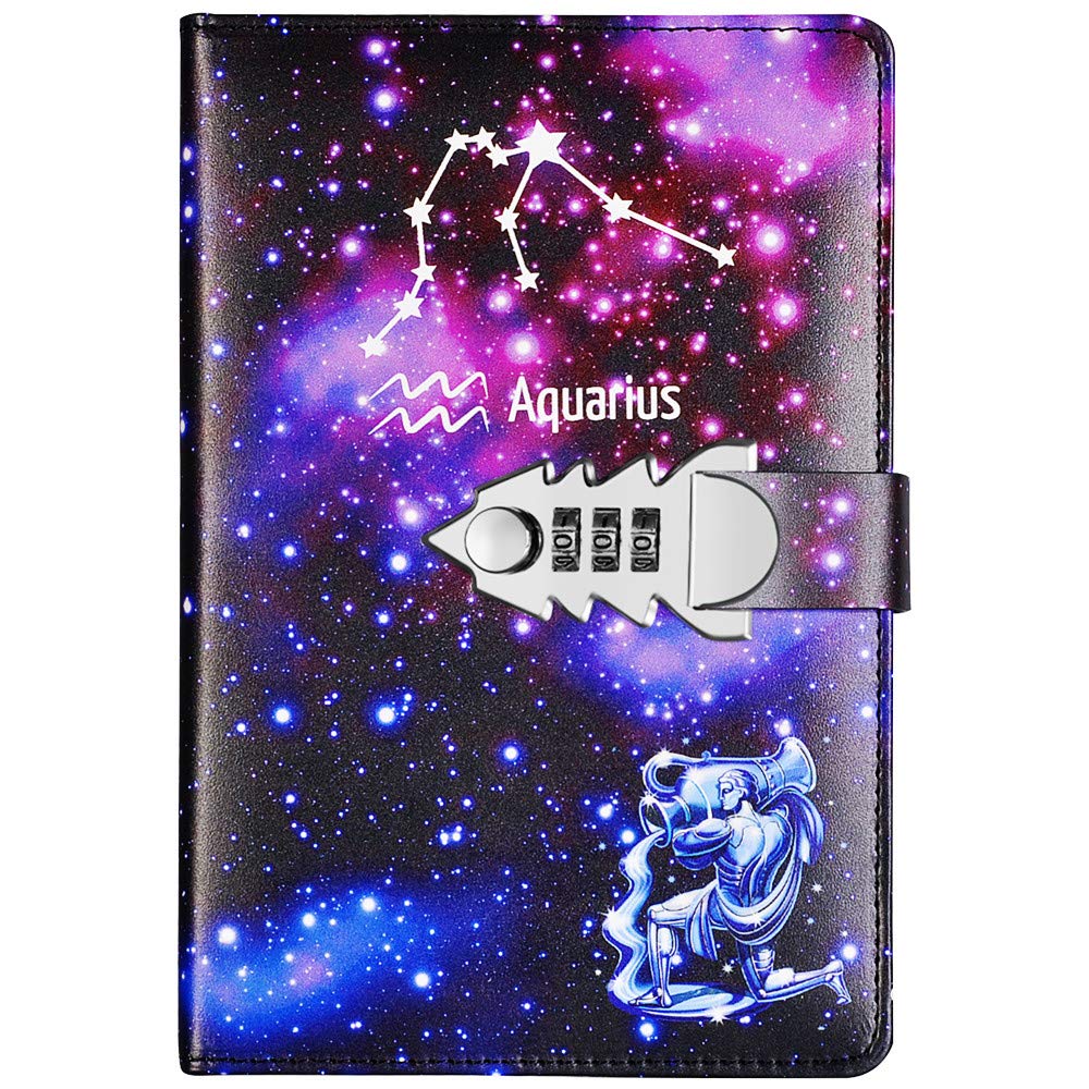 JunShop Locking Diary Combination Lock Journal Constellation Writing Diary A5 Starry Sky Lock Leather Notebook (Aquarius)