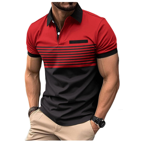 Legou Men’s Polo Shirt Short Sleeve Blocked Striped Button-Down Collar Top with Pocket Summer Casual T-Shirt Red 4XL