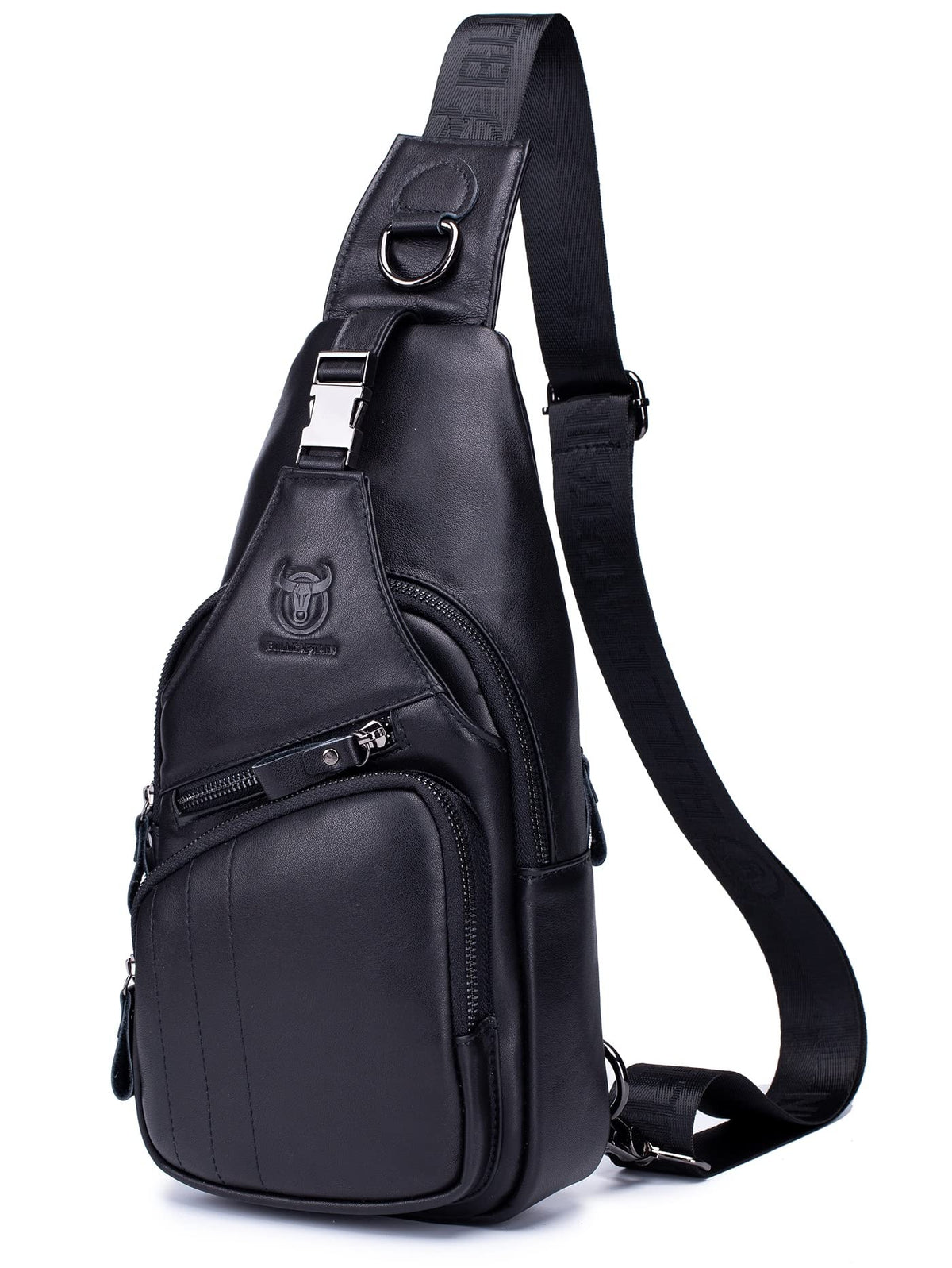 BULLCAPTAIN Men Genuine Leather Sling Bag Backpack Multi-pocket Chest Bag Outdoor Hiking Travel Daypack (Black)