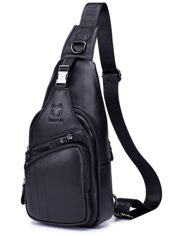BULLCAPTAIN Men Genuine Leather Sling Bag Backpack Multi-pocket Chest Bag Outdoor Hiking Travel Daypack (Black)