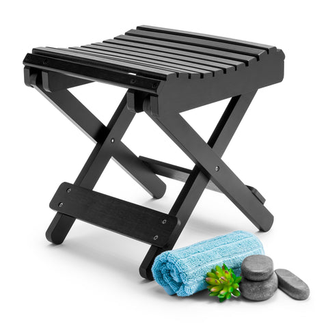Sorbus Bamboo Folding Step Stool Bench (Black) - for Shaving, Shower Foot Rest, Bath Chair - Great for Bathroom, Spa, Sauna, Wooden Seat, Fully Assembled - 11.75" D x 12.25" W x 13.75" H