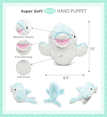 DolliBu Dolphin Plush Hand Puppet for Kids - Soft Plush Stuffed Animal Hand Puppet Toy for Puppet Show Games Puppet Theaters for Kids, Adult Cute Puppets Educational Toy to Teach Children & Toddlers
