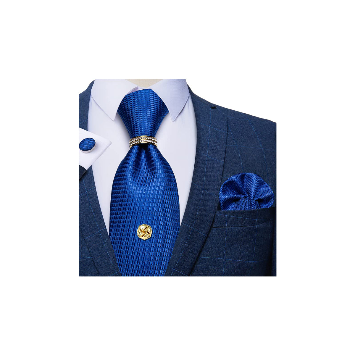 DiBanGu Tie Set for Men Solid Color Necktie, Gold Tie Tack, Gold Tie Ring, Pocket Square, Cufflinks Formal Mens Silk Tie, Royal Blue