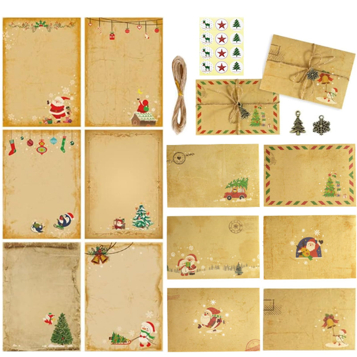 SLshiBo Vintage Letter Paper Christmas with Envelope Set, 12 Pieces Vintage Letter Paper Christmas with 6 Envelopes, 10 m Hemp Rope, Stickers and Christmas Accessories for Relatives Friends etc.