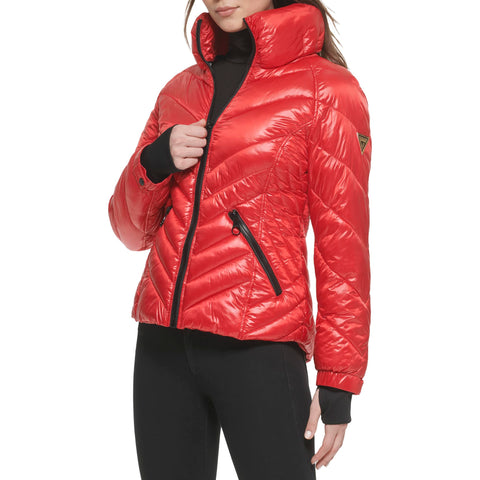 GUESS Women's Lightweight Puffer Jacket, Fire Red, Large