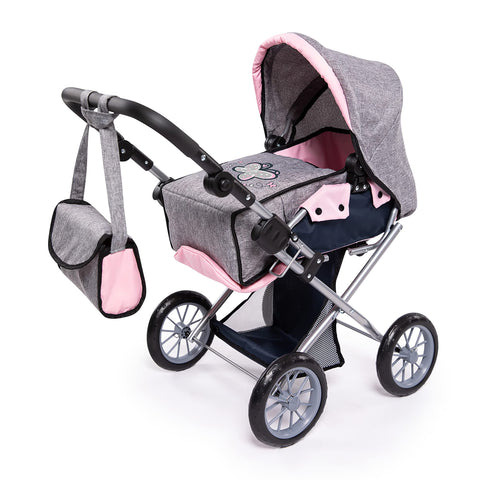Bayer Design Dolls: Pram City Star - Grey, Pink, Butterfly - Matching Handbag, Convertible to A Pushchair, Adjustable Handle, Foldable, Integrated Basket, Ages 3+