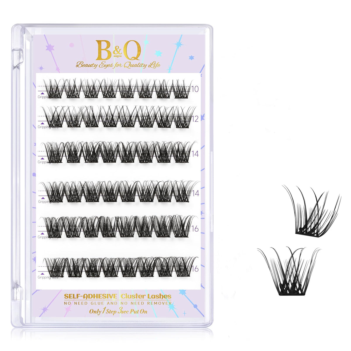 B&Q Self Adhesive Eyelashes SA02 48 PCS Reusable Adhesive Eyelashes Pre-Glued Cluster Lashes D Curl No Glue Eyelashes 10-16mm with Lash Tweezers 1 Step DIY Lash Self Stick Easy to Apply (SA02-D)