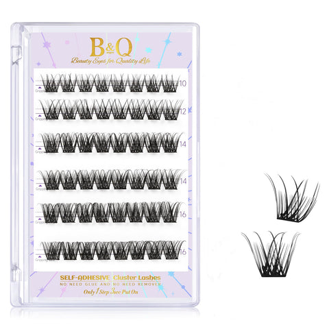 B&Q Self Adhesive Eyelashes SA02 48 PCS Reusable Adhesive Eyelashes Pre-Glued Cluster Lashes D Curl No Glue Eyelashes 10-16mm with Lash Tweezers 1 Step DIY Lash Self Stick Easy to Apply (SA02-D)