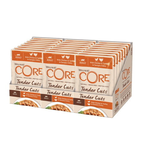 Wellness CORE Tender Cuts, Wet Cat Food, Cat Food Wet with Tender Pieces in Sauce, Grain Free, High Meat Content, Chicken & Turkey, 24 x 85 g