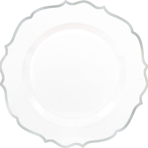 Sophisticated Ornate Premium Plastic Plates with Elegant Silver Trim - 10.5" (Set of 20) - Dinnerware for All Occasions