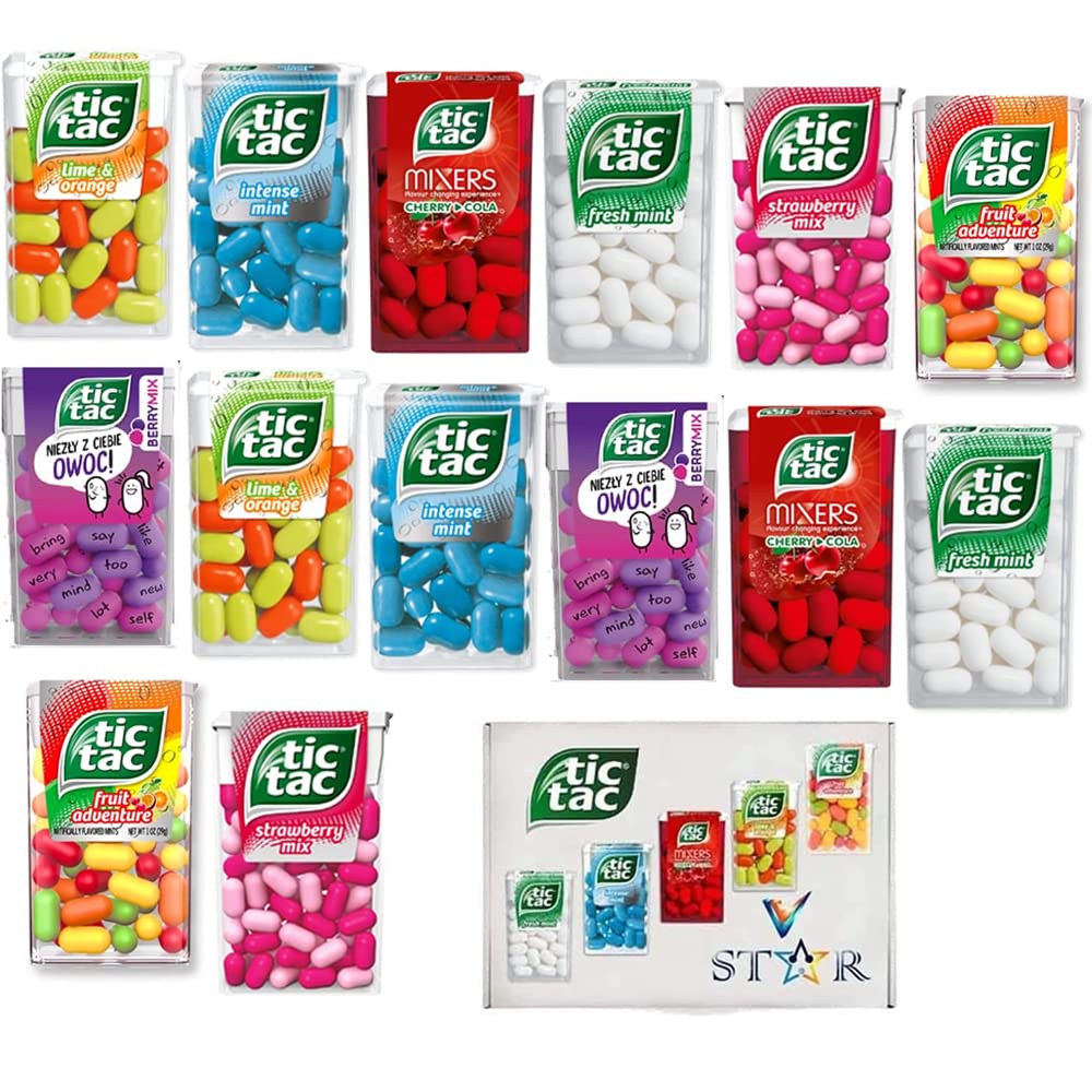14 x Mixed Tic Tac Mint Flavors Collection Box - (7 Flavors) Fruit Adventure,Lime & Orange,Intense Mint,Fresh Mint & Mixers Cherry Cola -VSTAR