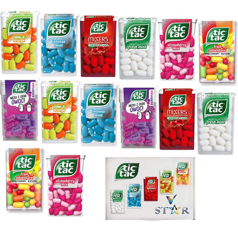 14 x Mixed Tic Tac Mint Flavors Collection Box - (7 Flavors) Fruit Adventure,Lime & Orange,Intense Mint,Fresh Mint & Mixers Cherry Cola -VSTAR