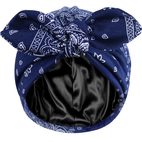 Ababalaya Satin Lined Turbans for Women Chemo Headwear Beanies Silky Lined Cotton Bonnet Sleeping Cap, Navy Blue