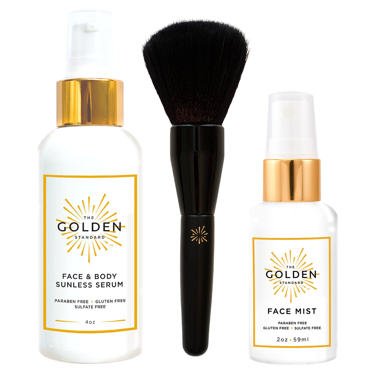 The Golden Standard We've Got You Covered Combo - Face & Body Sunless Serum and Face Mist with Brush - Natural and Hydrating Flawless Sunless Self Tanning for a Buildable Tan - Cruelty Free (2 oz)