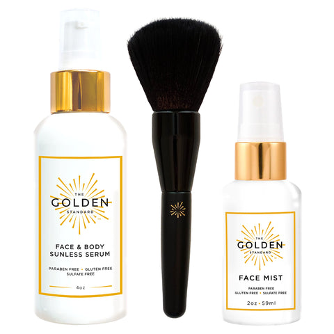 The Golden Standard We've Got You Covered Combo - Face & Body Sunless Serum and Face Mist with Brush - Natural and Hydrating Flawless Sunless Self Tanning for a Buildable Tan - Cruelty Free (2 oz)