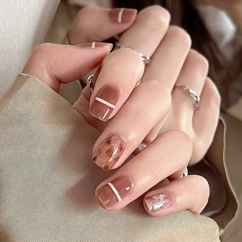Stick on Nails Short Length Square Shape, 24Pcs Full Cover Reusable False Nails, Artificial Acrylic Fake Nails with Designs, Press on Nails Coffin Short, Glue on Fingernails for Women(R671)