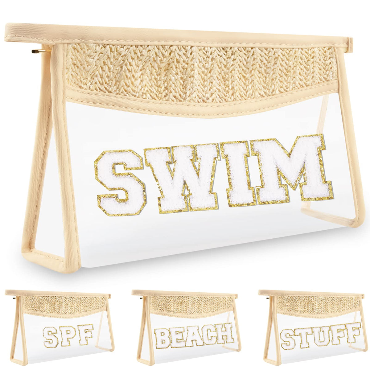 Clear Makeup Letter Patch Makeup Bag SWIM Pouch, Boho Clear Toiletry Bags Travel Small Cute Preppy Letter Cosmetic Zipper Pouch Purse, Transparent Waterproof Glitter Beach Make Up Bag for Women(SWIM)
