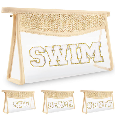 Clear Makeup Letter Patch Makeup Bag SWIM Pouch, Boho Clear Toiletry Bags Travel Small Cute Preppy Letter Cosmetic Zipper Pouch Purse, Transparent Waterproof Glitter Beach Make Up Bag for Women(SWIM)