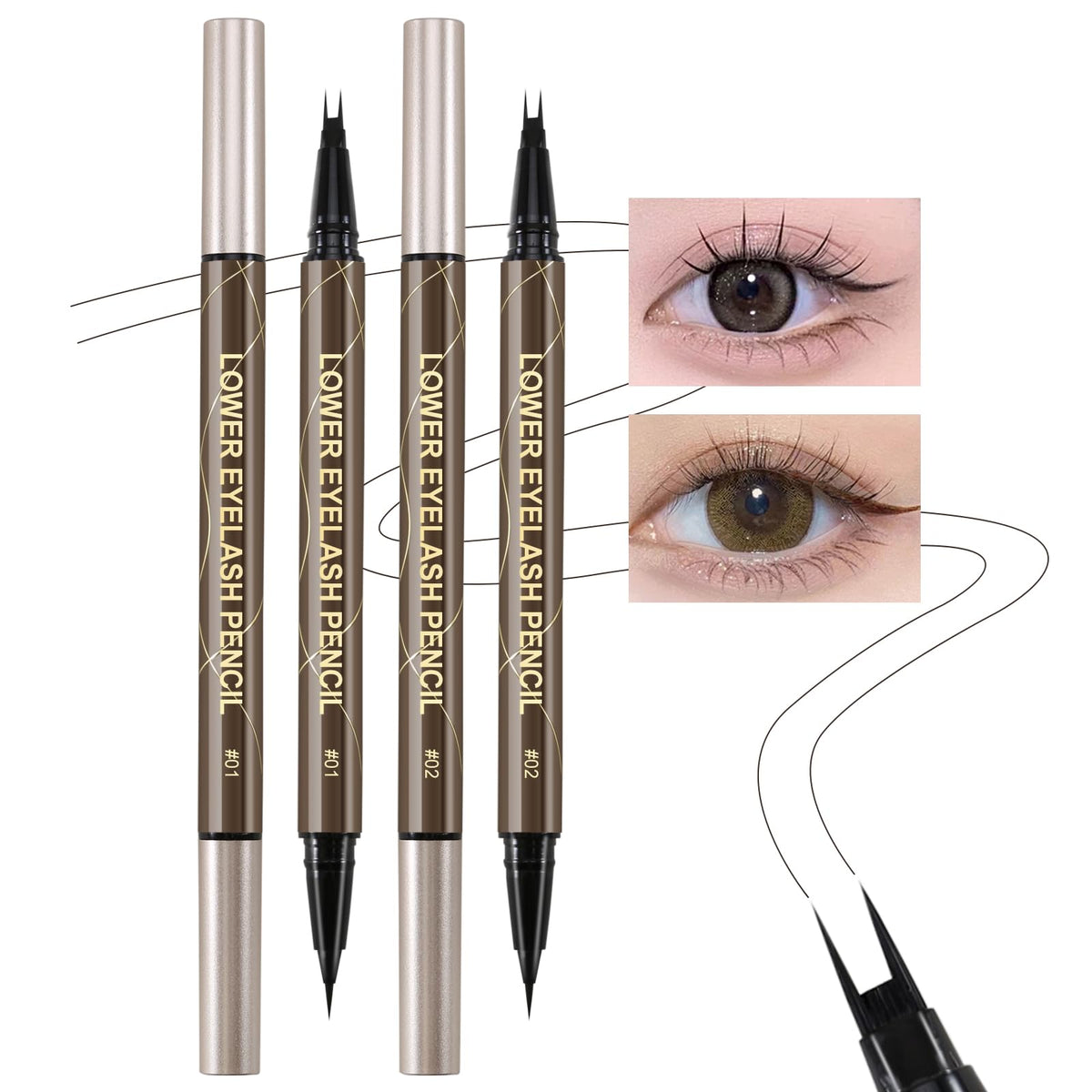 Jutqut 2PCS Waterproof Liquid Eyeliner 0.01 MM Double Tip Lower Eyelash Pencil, Natural Lower Eyelashes Liquid Pen, Double Tip Lower Lash Pen, Smudge proof, Long Wearing, Black+Brown