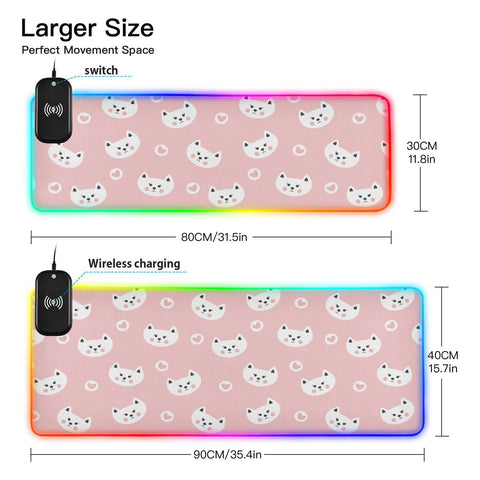 Cute Cats Hearts Wireless Charging Mouse Pad for Mobile Phone Extra Large Gaming Mousepad with 13 Lighting Modes Computer Mat for Office Home Gaming MacBook PC Laptop Desk