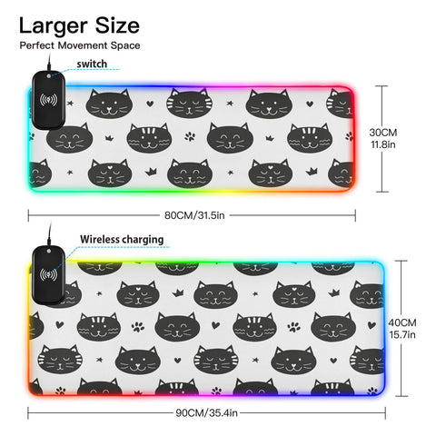 Black-White-cat Wireless Charging Mouse Pad for Mobile Phone Extra Large Gaming Mousepad with 13 Lighting Modes Computer Mat for Office Home Gaming MacBook PC Laptop Desk