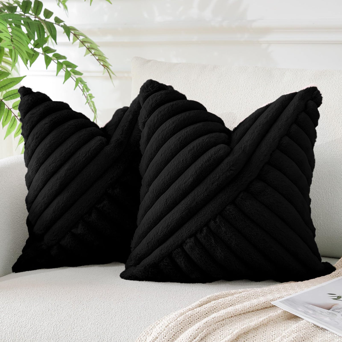 JOTOM Set of 2 Faux Rabbit Fur Cushion Covers 50x50 cm Fuzzy Striped Decorative Throw Pillow Covers Home Decor Twill Textured Patchwork Pillowcase for Couch Sofa Bed 20x20 Inch (Black)