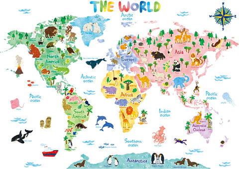 DECOWALL BS-1615S Animal World Map (Large) Kids Wall Stickers Decals Peel and Stick Removable for Nursery Bedroom Living Room Art murals Decorations