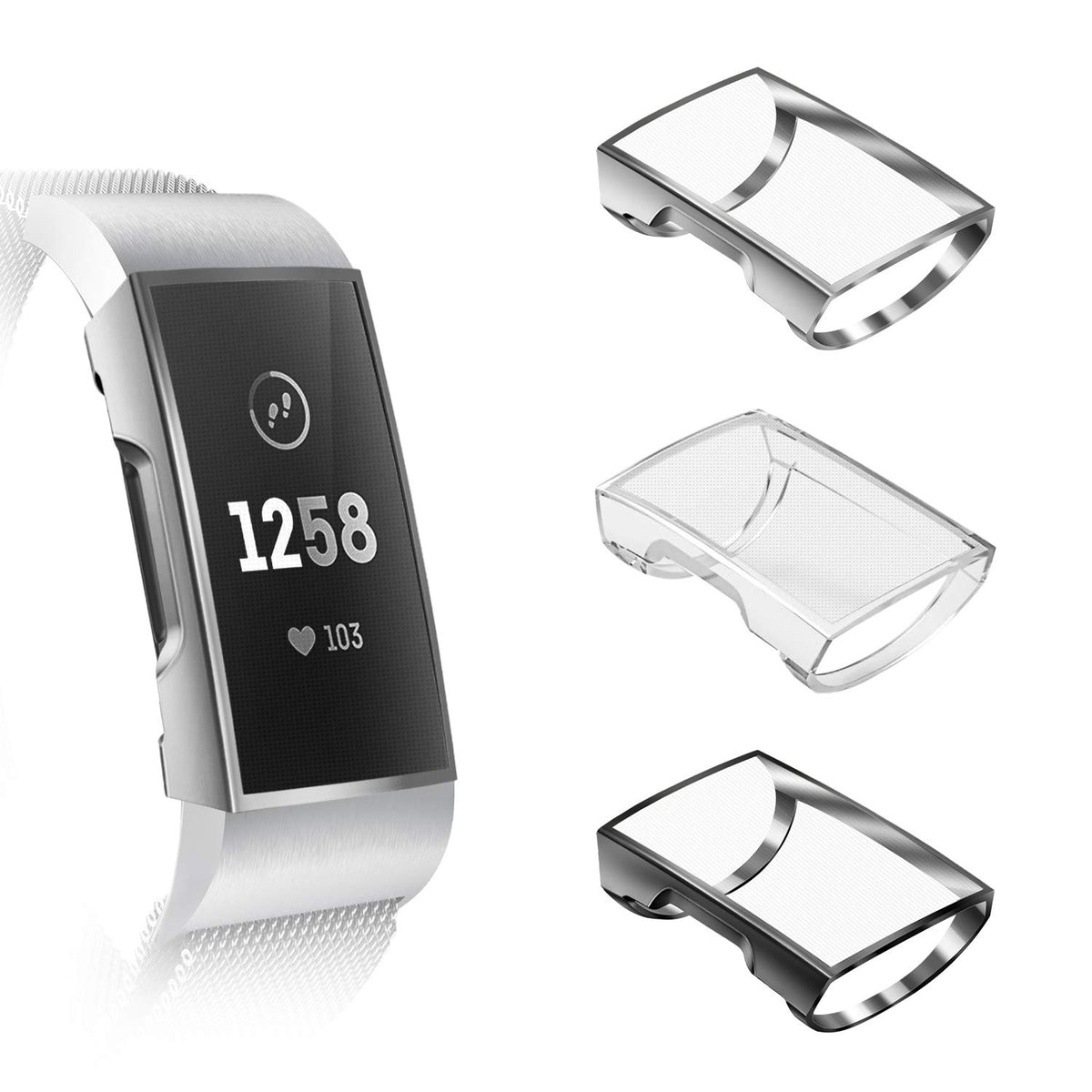 3 Pack - Fintie Screen Protector Compatible with Fitbit Charge 4 / Charge 3, Soft Slim TPU Plated Case Cover Full-Around Protective Bumper Shell Compatible with Fitbit Charge 4 / Charge 3 & 3 SE